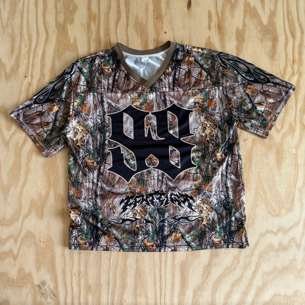 Vintage Camo Football Jersey Y2K Mesh Graphic Shirt Brown Black XL